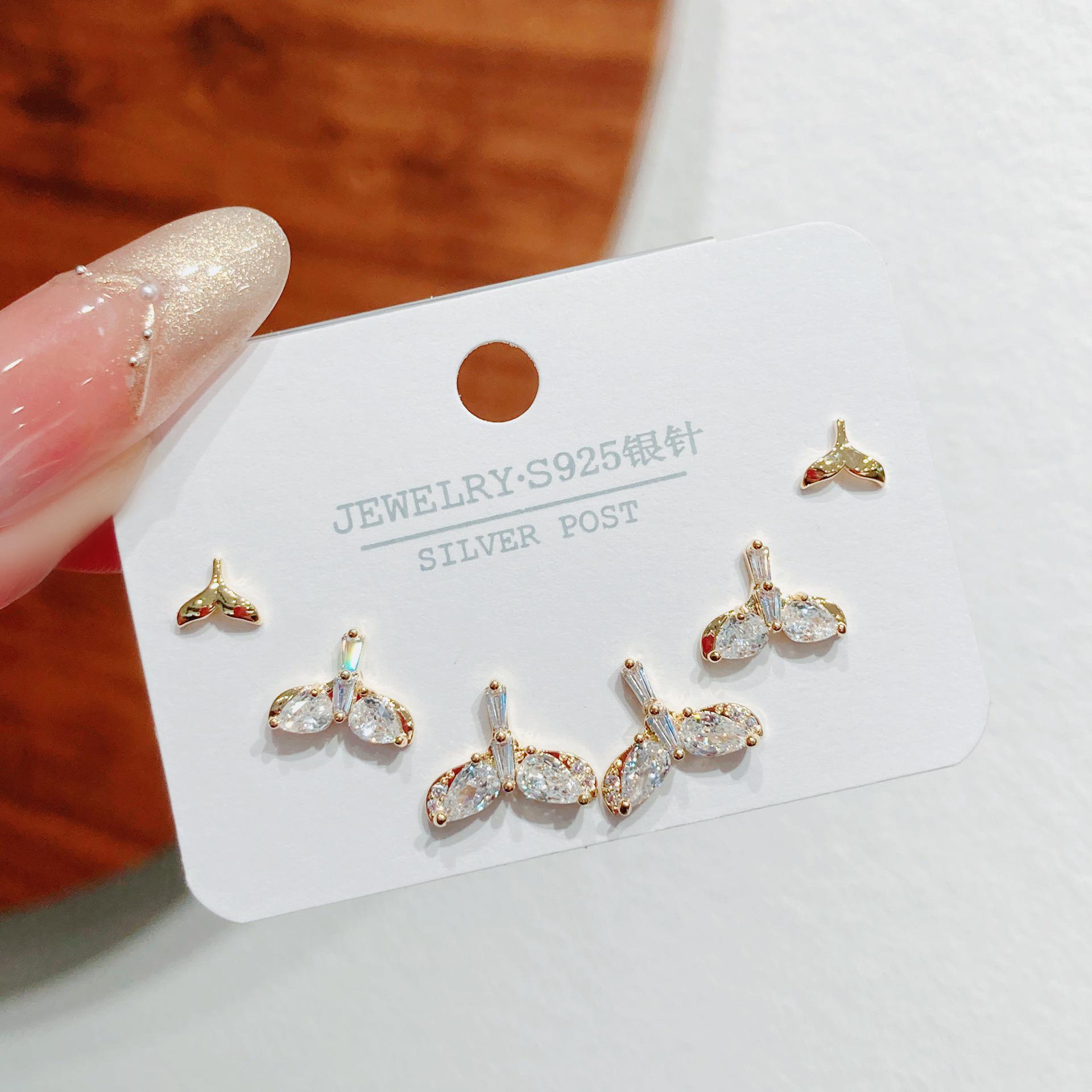 Elegant S925 Stud Earrings: High-End Fish Tail Three-Piece Set for Women
