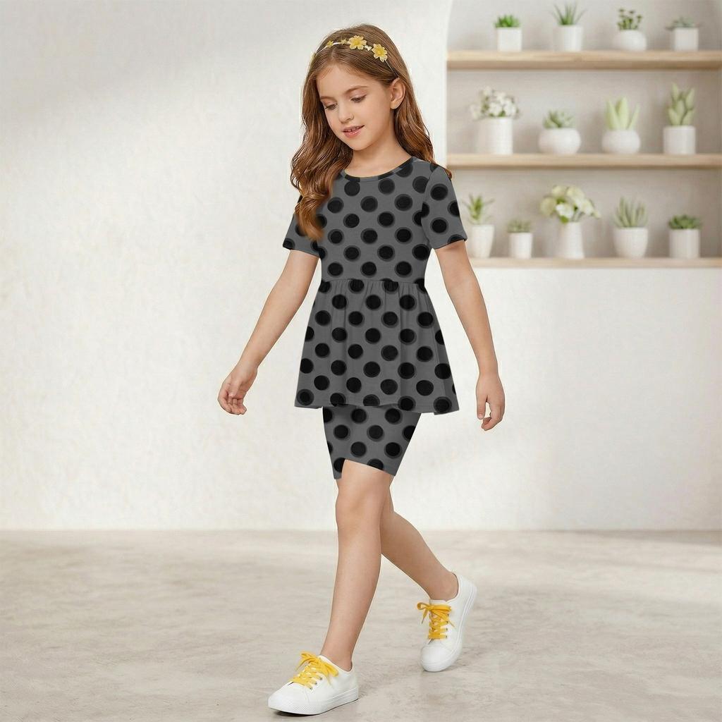 Sommer-Outfit-Set für Mädchen Polka-Dot-Print Kurzarm-Oberteil mit Rüschensaum und Shorts