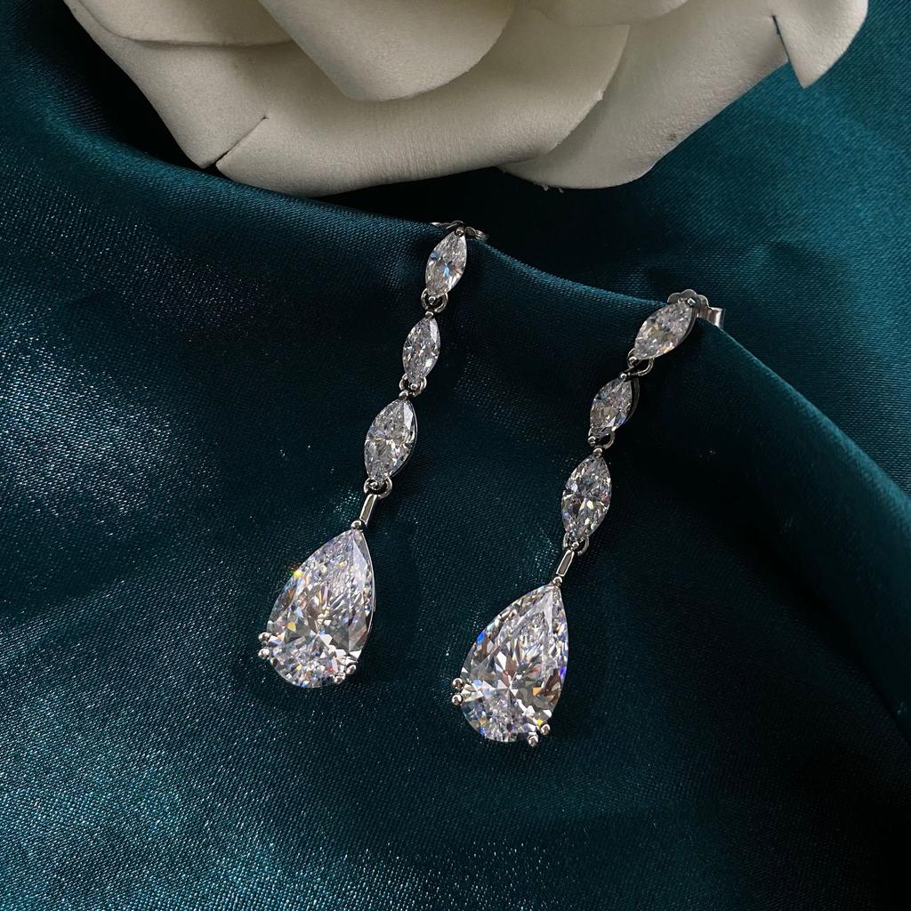 Gica Gema Tropfenohrringe mit hohem Kohlenstoffgehalt, 925er-Sterlingsilber, 47 x 10 mm, weißer Edelstein, romantischer edler Schmuck, Hochzeit, Party, Geschenke, neuer Trend