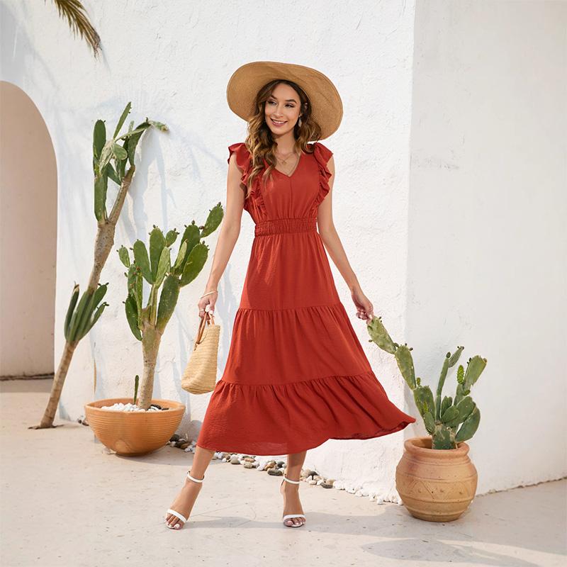 Women's V-Neck High Waist Tiered Ruffle Maxi Dress Casual Smocked Beach Vacation Long Dress