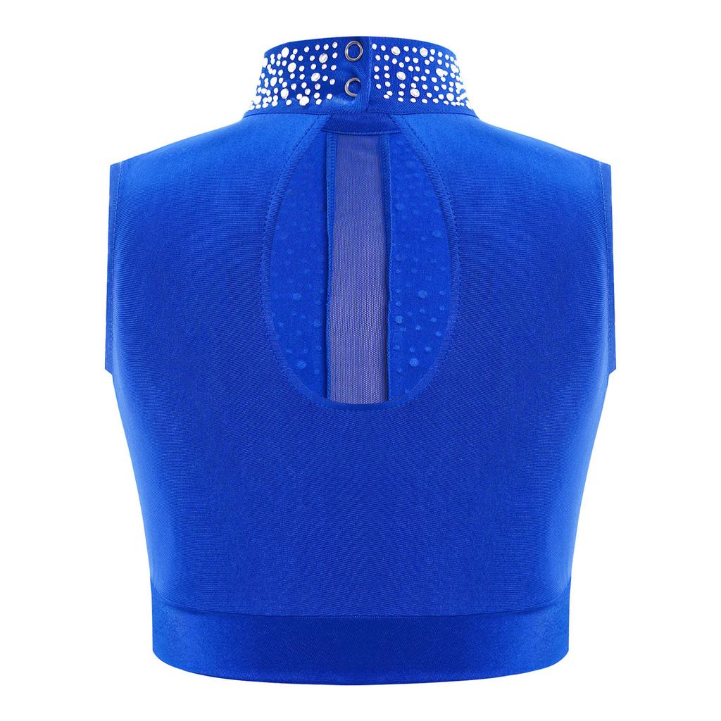 Girls Contemporary Modern Dance Top Mock Neck Sleeveless Keyhole Back Shiny Rhinestones Crop Top Performance Wear