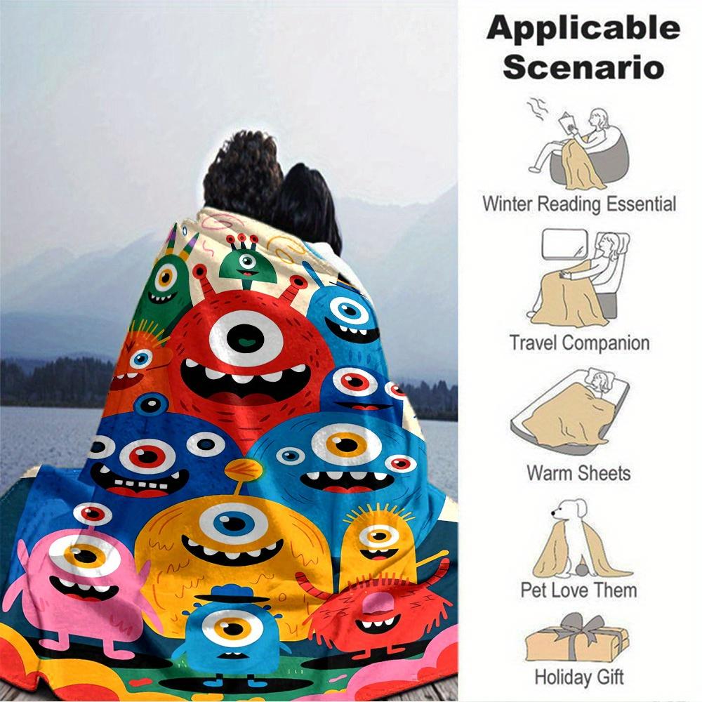

1pc Monsters,Colorful,Happy Digital Printed Flannel Blanket, Super Soft Plush Fleece Bed Cover, Multipurpose Four Seasons Hypoallergenic Qui 150x180cm