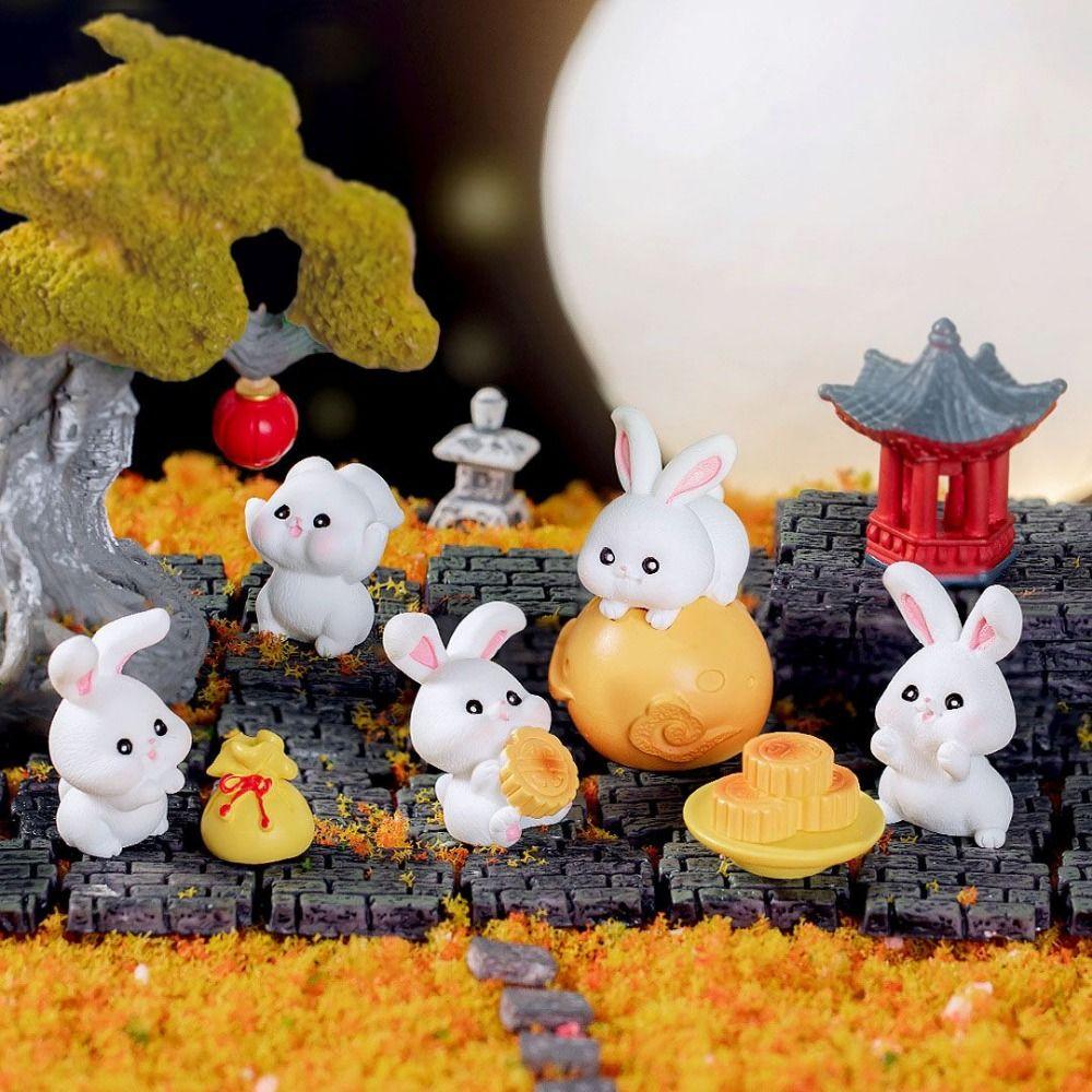 Handmade Rabbit Figurines Micro Landscape Moon Cake Model Cute Bunny Ornaments  Outdoor
