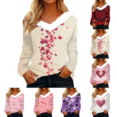 Damen Valentinstag Bedrucktes Langarmshirt, V-Ausschnitt, Lässiges Locker sitzendes T-Shirt Oberteil