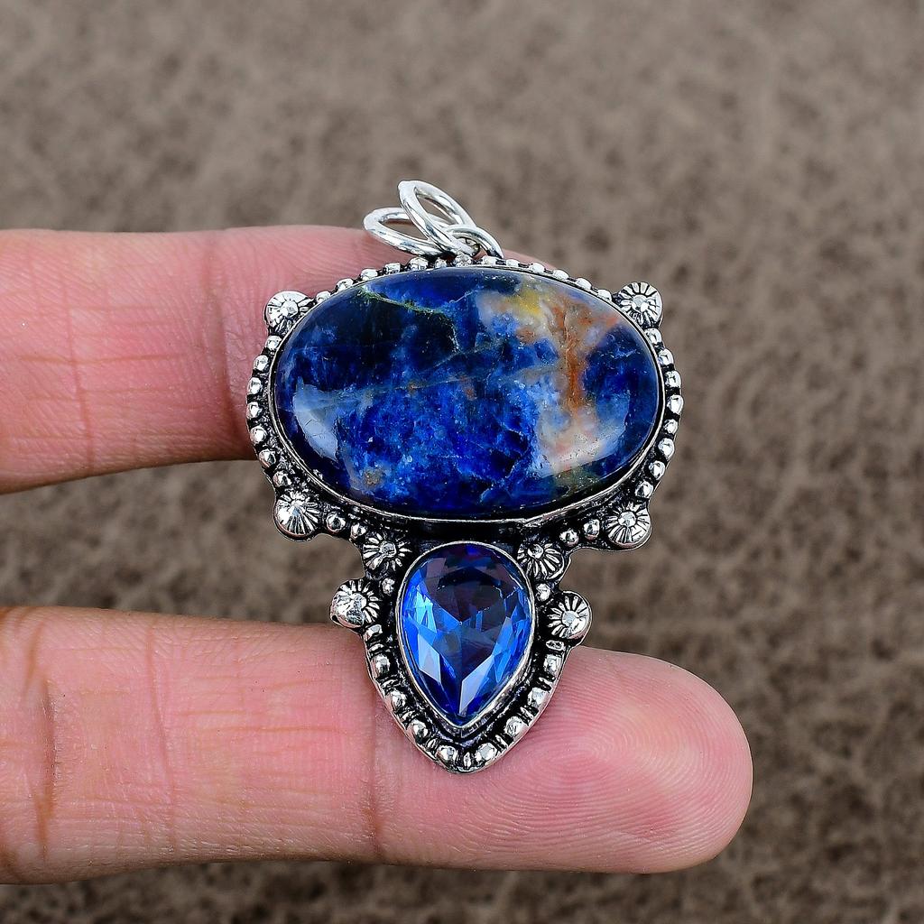 Sodalite, Topaz Gemstone Handmade 925 Sterling Silver Jewelry Pendant 2.01" KKG-331