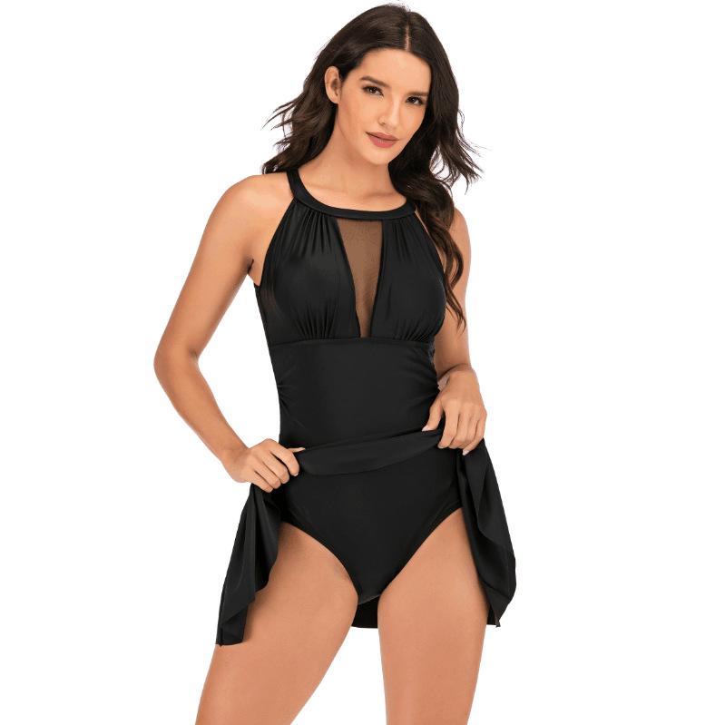 Women's Solid Modest Swim Dress One Piece Padded Mesh See Through Bikini Swimsuit Tummy Control Monokini Hot Spring Swimwear Slimming Bathing Suit