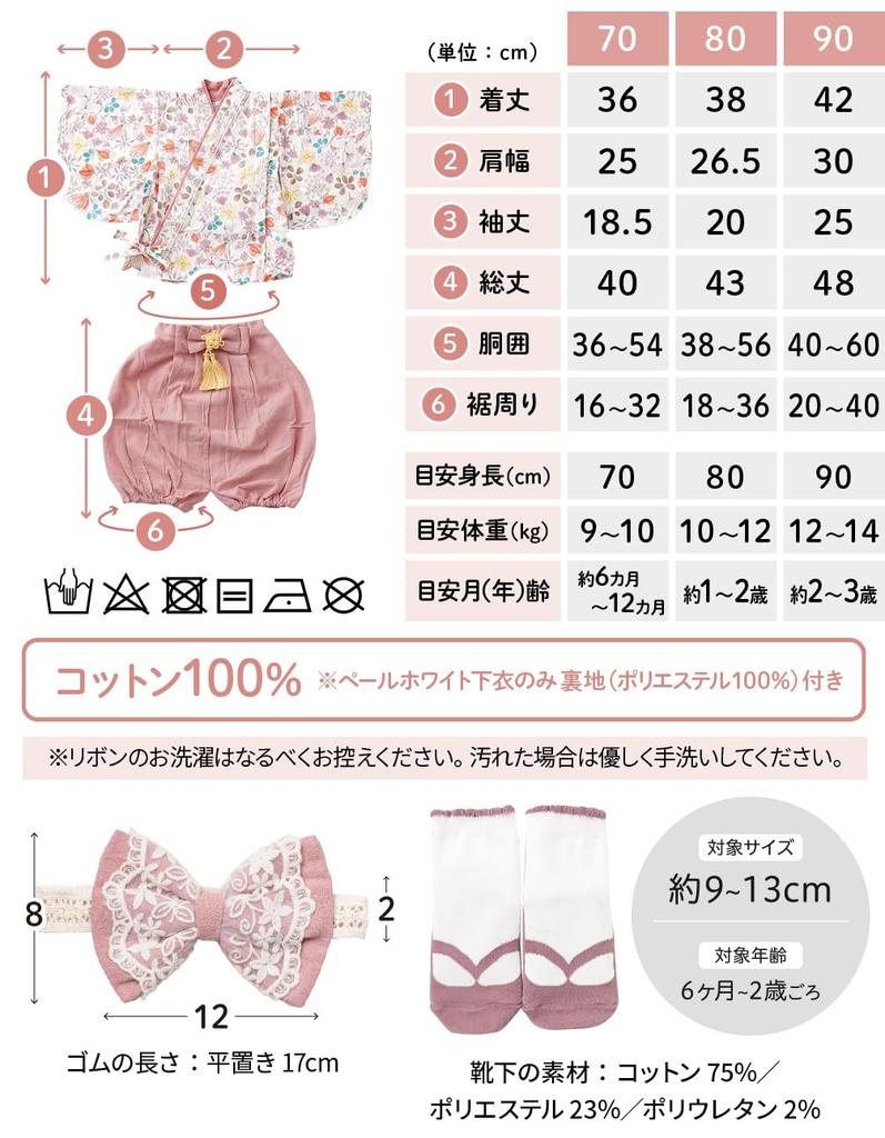 Regalo Baby Separate Formal Wear for First Meal Japanese and First Doll Festival Day Includes Headband and Socks Mauve X Hakama, 2-Piece Set, 70-90cm,