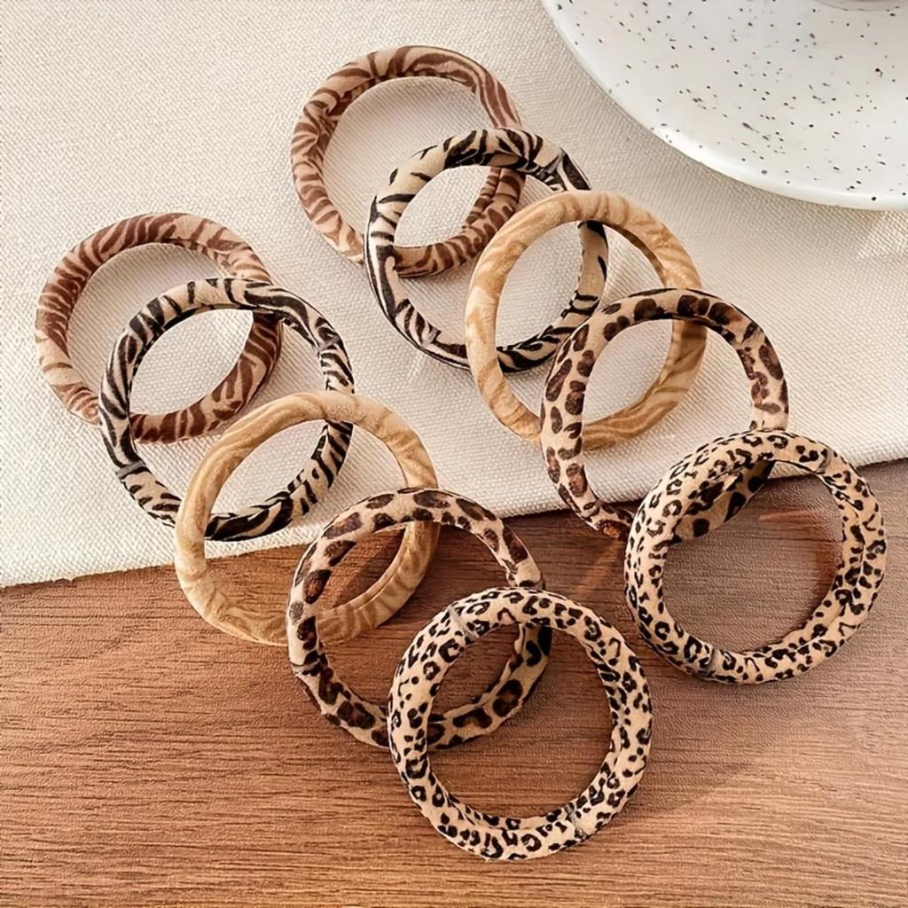 10 Women's Fashionable High-Stretch Leopard-Print Hair Ties: Retro Style for Ponytails and Buns—Versatile, Everyday