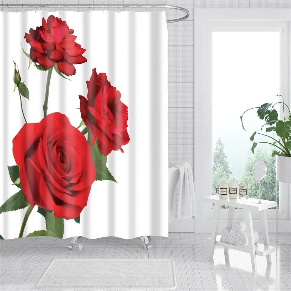 Rose Plum Blossom Flowers Print Waterproof Shower Curtain Washable Fabric Bath Curtain Home Bathroom Curtains With 12 Hooks