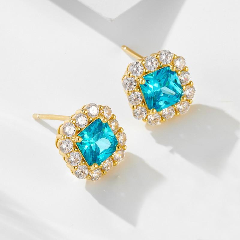 Geometric Square Zircon Stud Earrings Women Sterling Hypoallergenic Fashion Jewelry 925 Sterling Silver
