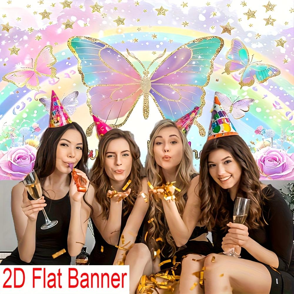 1Pcs Happy Birthday Pink Butterfly Rainbow Flowers Decoration Background Birthday Backdrop Decorations For Photo Studio Booth Party