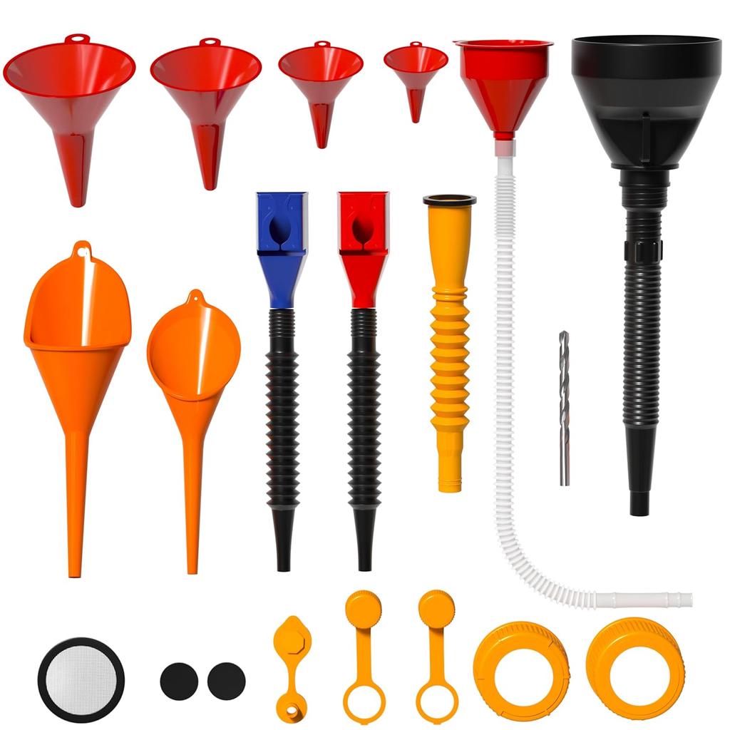 KJE 19 Pcs Automotive Funnel Set, Spout Replacements, Plastic Wide Mouth Transmission Funnels, Flexible Oil Funnel Kit For Automotive Use