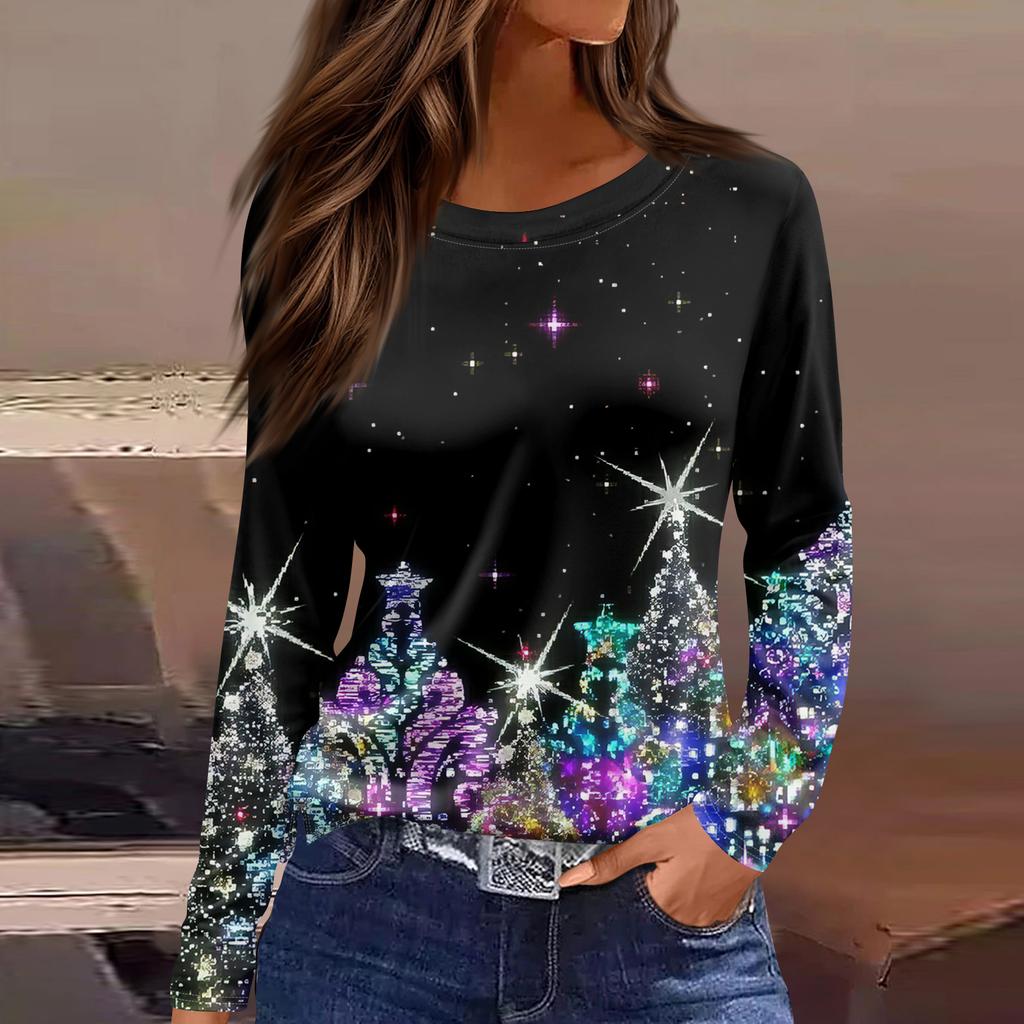 Christmas Style Women's 3D Christmas Tree Print Pullover Round Neck Long-sleeved T-shirt Festive Color Casual Top