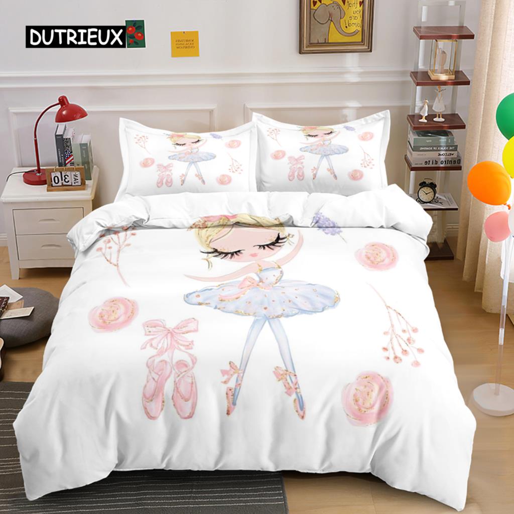 Ballerina Girls Duvet Cover King Size Princess Comforter Microfiber Dancing with Swans Pattern Quilt Cover Set