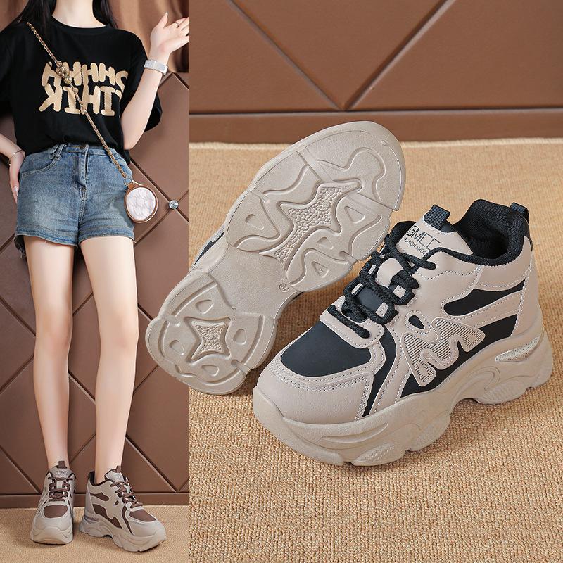 Inner heightening women's shoes 2025 new thick-soled dad shoes heightening leather surface soft sole waterproof and non-slip, not tiring feet after