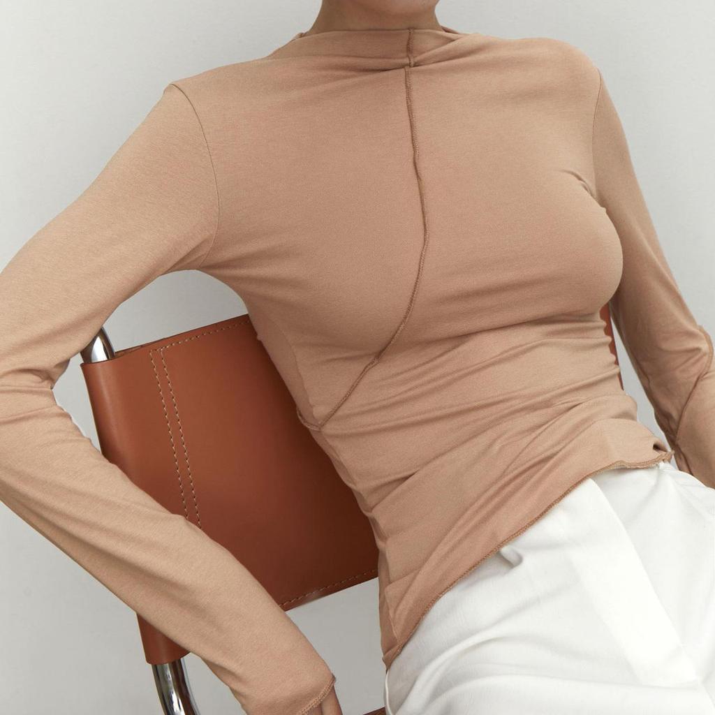 Tshirt Sleeve Women Long Summer Half Stand Collar Solid