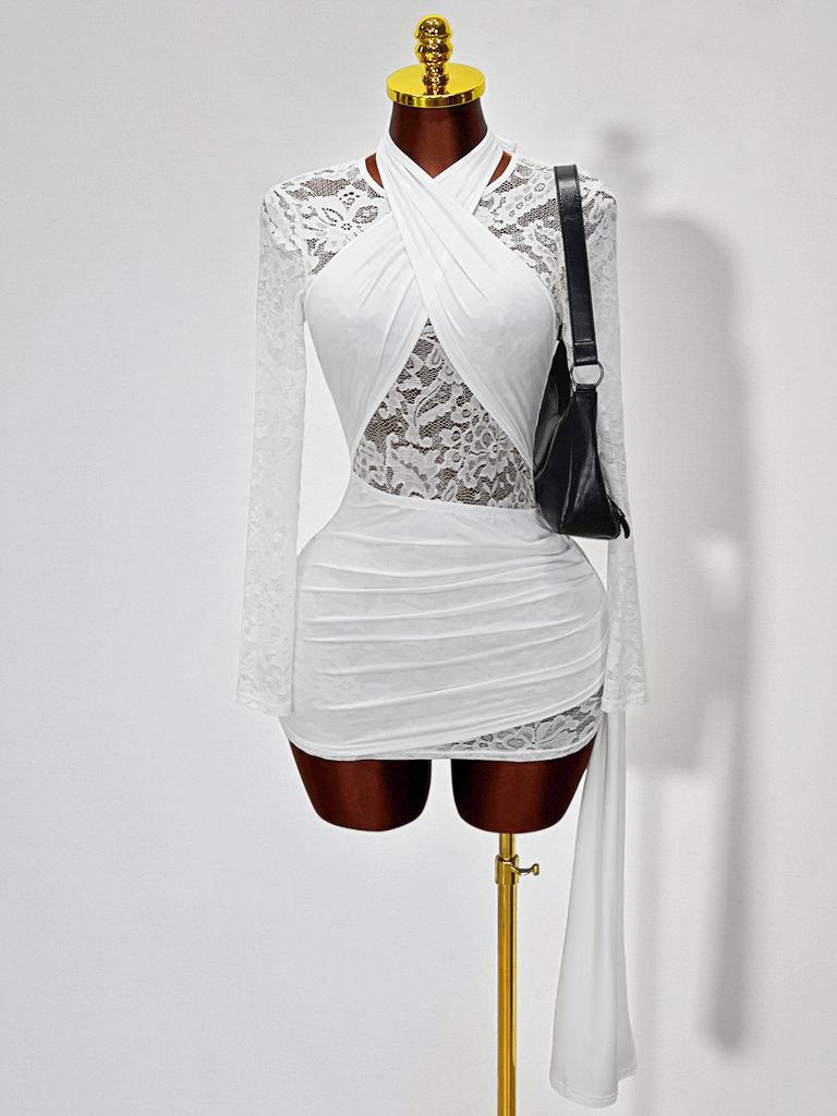 2025 Spring/Autumn Women's Lace Halter See-through Bodycon Dress