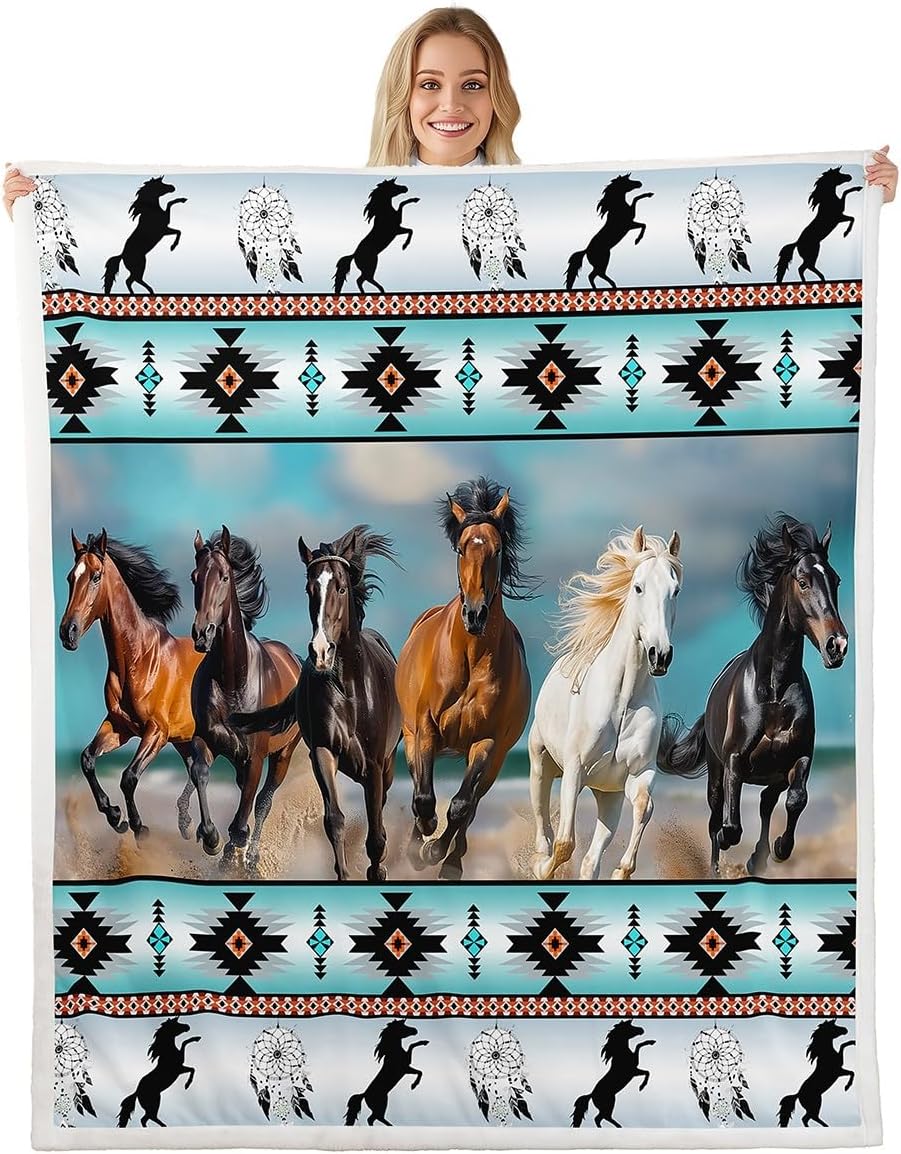 Running Horses Blanket Native American Pattern Dreamcatcher Design Soft Throw Western Decor Animal Print Bedroom Wall Hanging 75X95CM