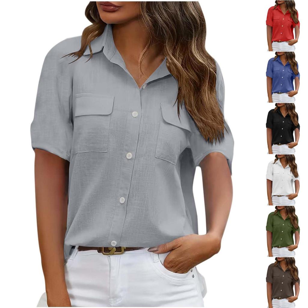 Damska -Kolorowa Koszula z Krótkim Rękawem i Kieszenią