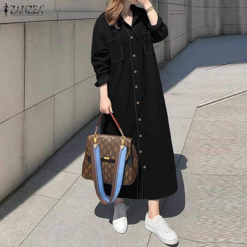 ZANZEA Women Casual Turn Down Collar Loose Long Sleeve Shirt Dress
