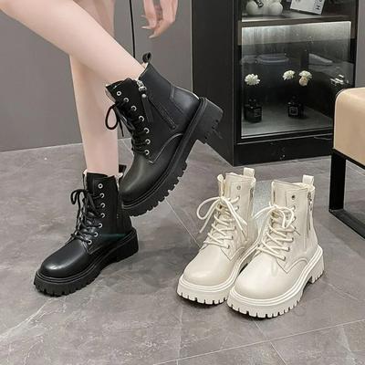 Moda 2024 Nuova Moda Coreana Casual Cavaliere Autunno Biker Stivale Platform Corto Fondo Spesso Stivaletti Neri alla Caviglia Donna