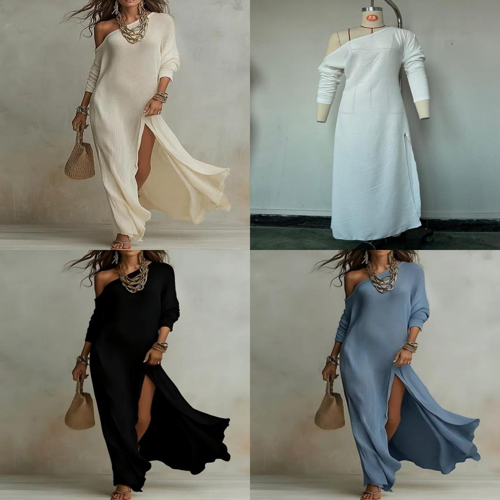 Elegant Long Sleeve Pleated Dress With Slit For Casual And Business Wear