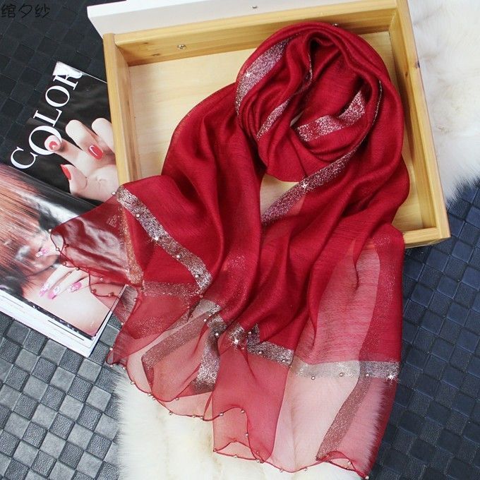 Bufanda Nueva para Mujer Chal Fino con Cuentas Color Sólido Alambre Dorado Bufanda de Gasa Personalizada Bufanda de Seda Imitación Primavera y Otoño