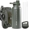 OneTigris 1 Liter Stainless Steel Water Bottle Set with Cover, Vacuum Insulated, Keeps Hot or Cold, Includes 3 Replacement Lids, 2 Straws, and 1 Brush