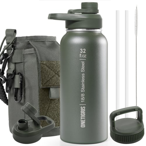 OneTigris 1 Liter Stainless Steel Water Bottle Set with Cover, Vacuum Insulated, Keeps Hot or Cold, Includes 3 Replacement Lids, 2 Straws, and 1 Brush