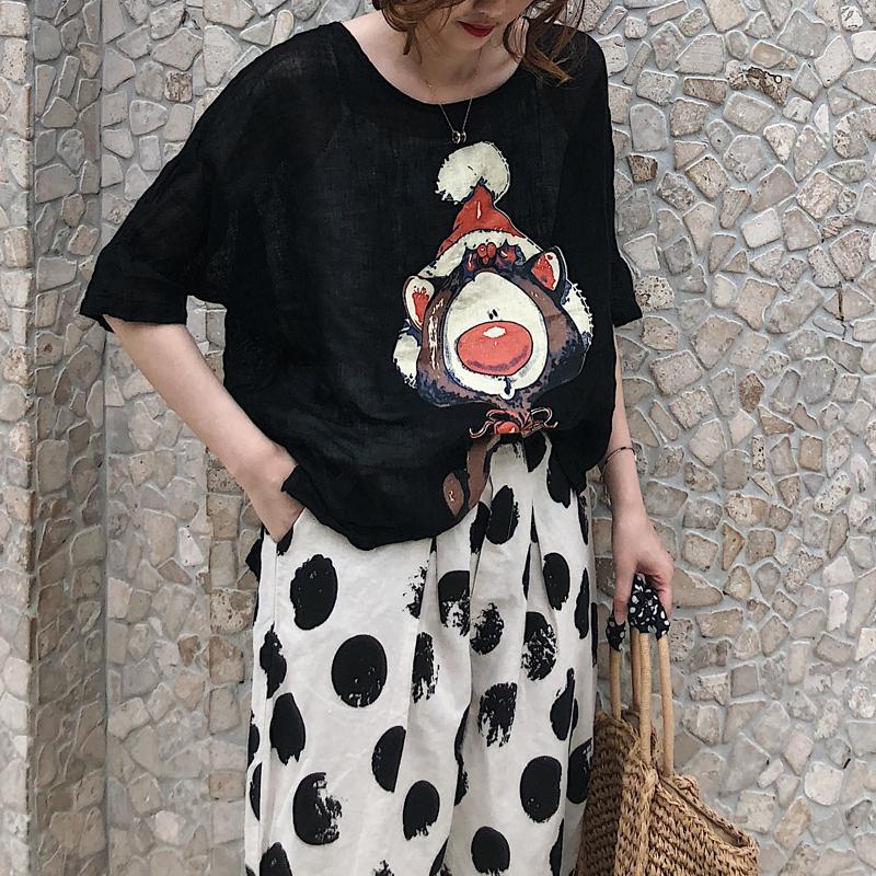 DIMANAF 2025 Women Summer Linen Bat T-shirt Shirt Printed Pattern Blouse Short Sleeve Fashion Tops Tees Loose Tees New