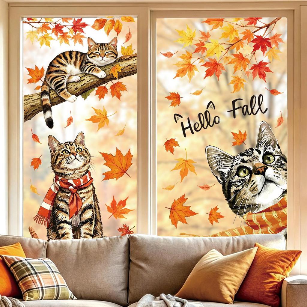 Thanksgiving PVC Window Clings: Cute Cat, Pumpkin, Autumn Leaves Removable Stickers