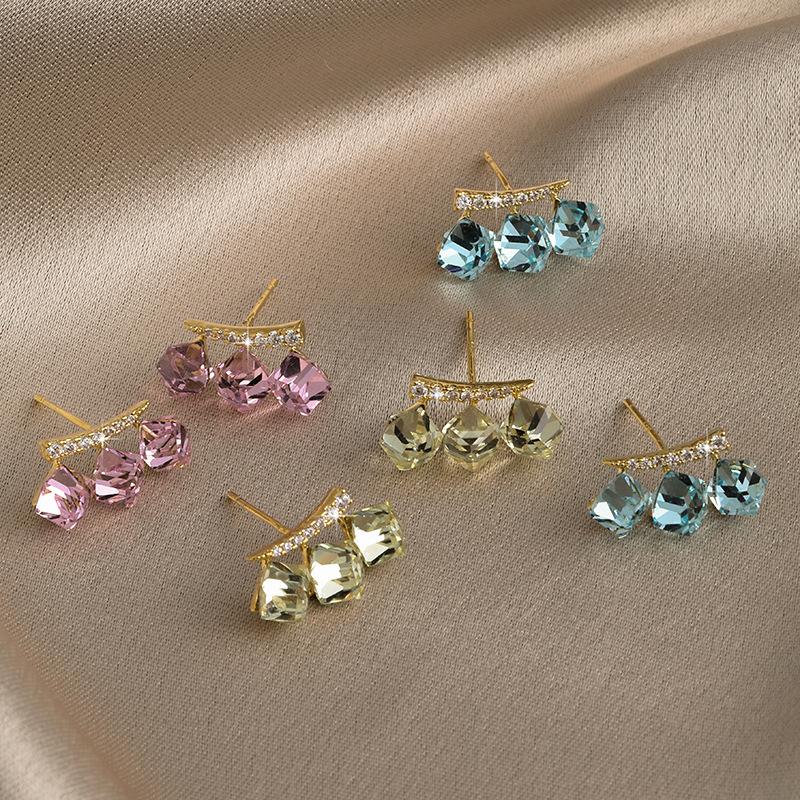 Cubic Crystal Earrings Silver Studs Seafoam Blue 3D Geometric Design Hypoallergenic Lightweight Sweet Elegant Jewelry for Women