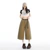 Street Style Washed Pleated Pocket Casual Pants For Women Loose Wide Leg Cropped Capri Pants Versatile Loose Straight Slimming FigureFlattering Design