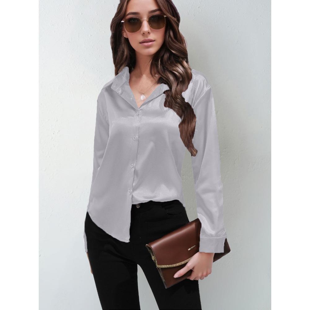 GMXIA Sateng Silkelignende Langermet Ensfarget Skjorte for Kvinner, Elegant Knappedetalj foran med Krage