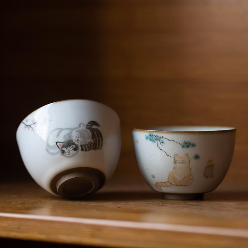 LUWU ceramic teacup cute cat chinese tea cup drinkware