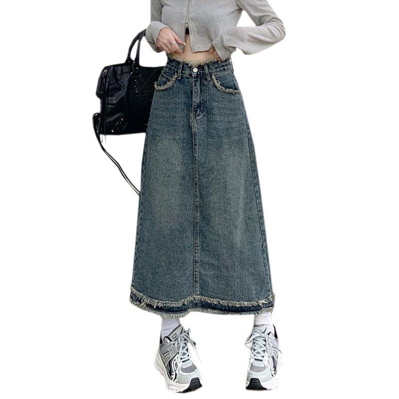 Vintage High-waisted Denim Skirt Female Package Hip A-line Cover Meat Straight Section of The Long Section of The Design Sense of The Burlap Half-body