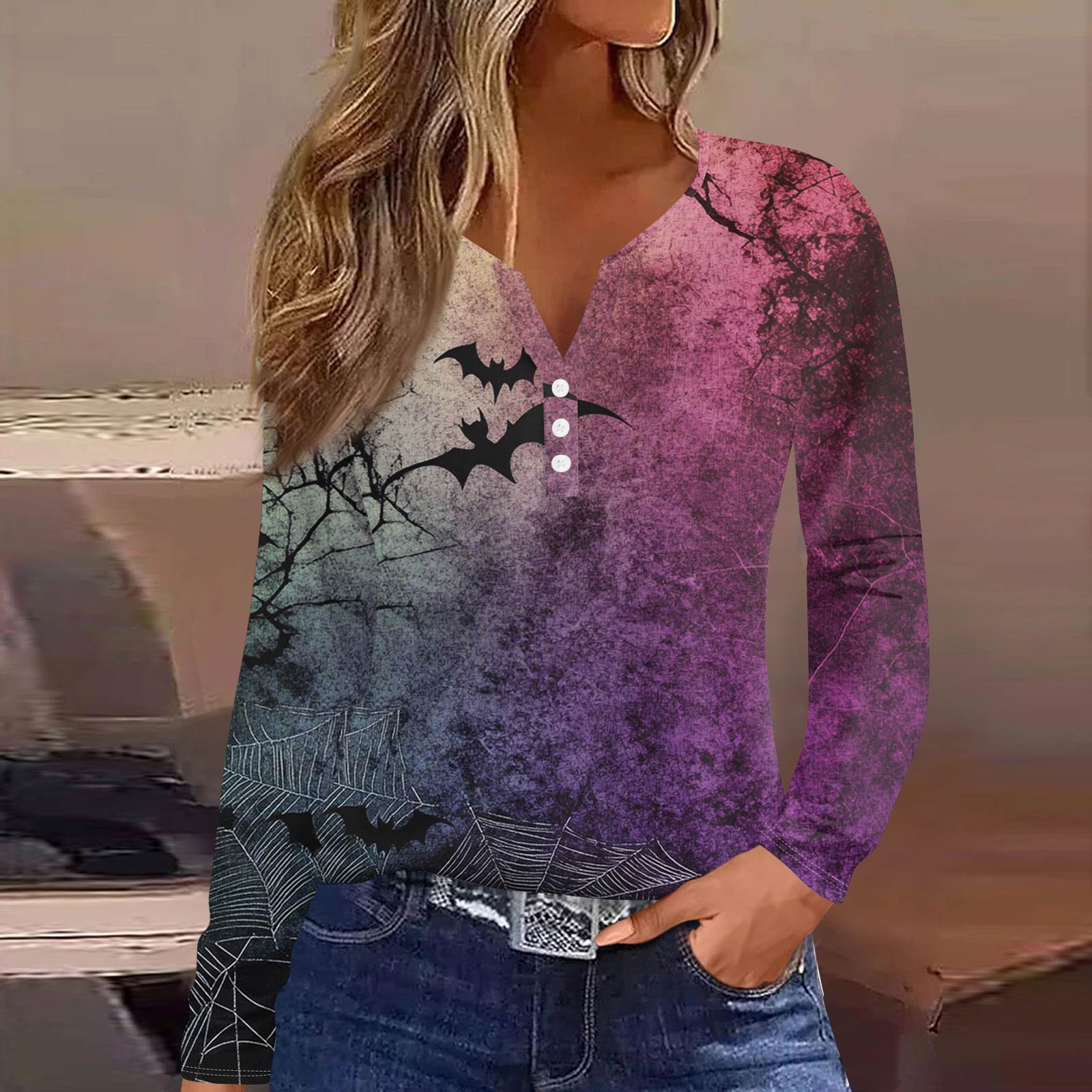 

Жен. Футболка Футболка на пуговицах с длинным рукавом Повседневные Выходные Мода Классический Топ с v-образным вырезом Обычный XXXL фиолетовый