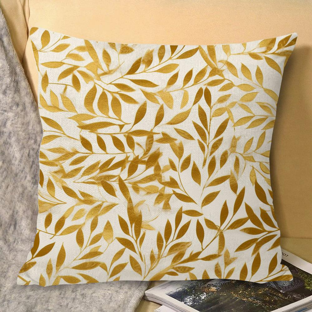 Gold Leaf Flower Cushion Cover Natural Linen Organic Fabric Double-Sided Printing Sofa Home Decor Gift Pillow Cover