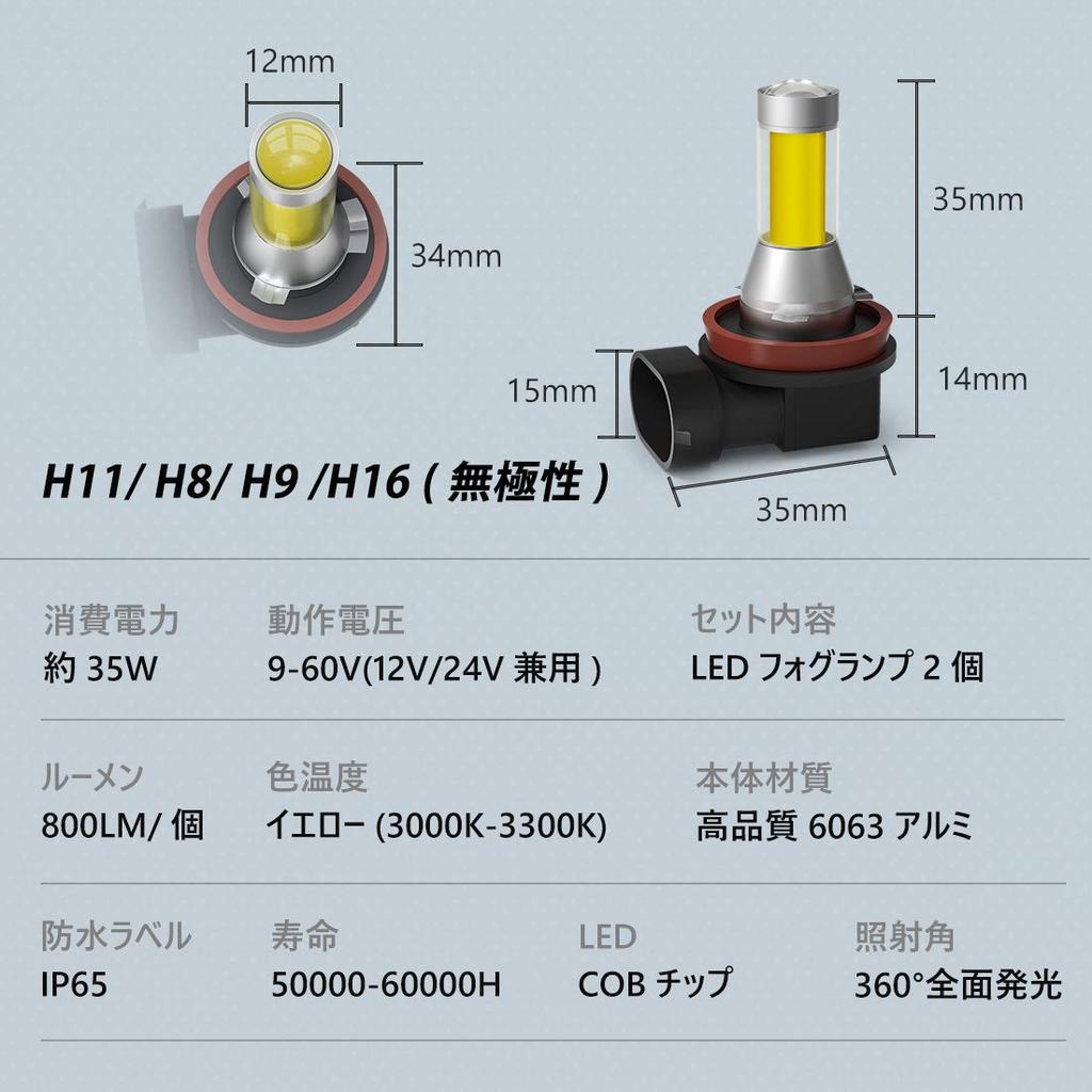 LED Fog Lamp, H11, H8, H9, H16 (Made In Japan), Yellow, Yellow-POOPEE, 35W, 800LM,