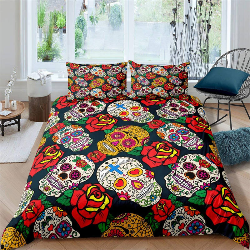 Povlak na přikrývku Cukrová lebka Luxusní gotická sada ložního prádla s kostrou Halloweenský motiv Květinový povlak na přikrývku Jednolůžko Plná velikost Pro dívky Děti Dospívající