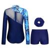 Ensemble Maillot de Gymnastique Danse Fille Manches Longues Impression Papillon Strass Fermeture Éclair Dorsale Body Short Bandeau pour Cheveux