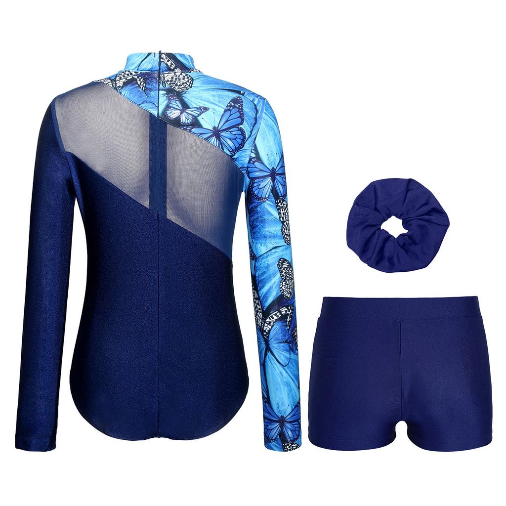 Ensemble Maillot de Gymnastique Danse Fille Manches Longues Impression Papillon Strass Fermeture Éclair Dorsale Body Short Bandeau pour Cheveux