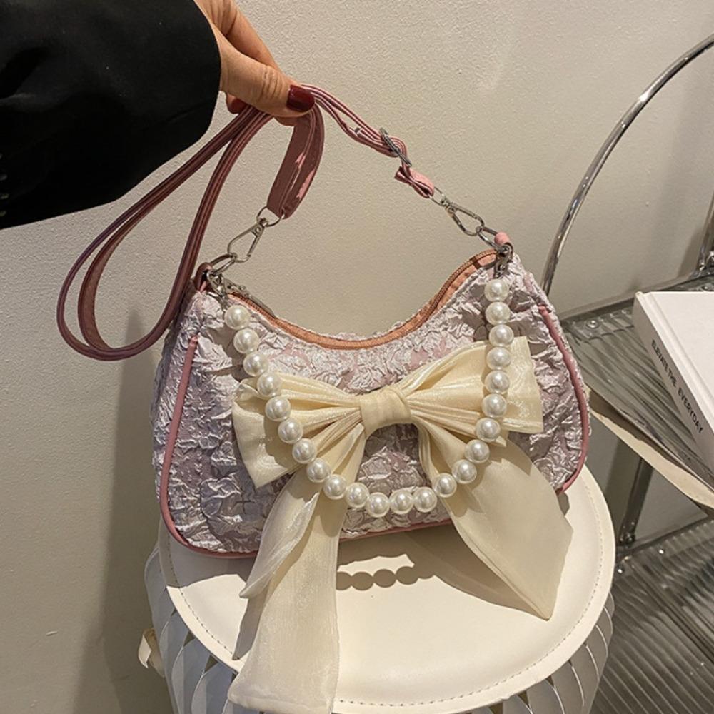 Pearl Bow Shoulder Bag Canvas Small Square Bag Luxury Bow Underarm Bag  Girls