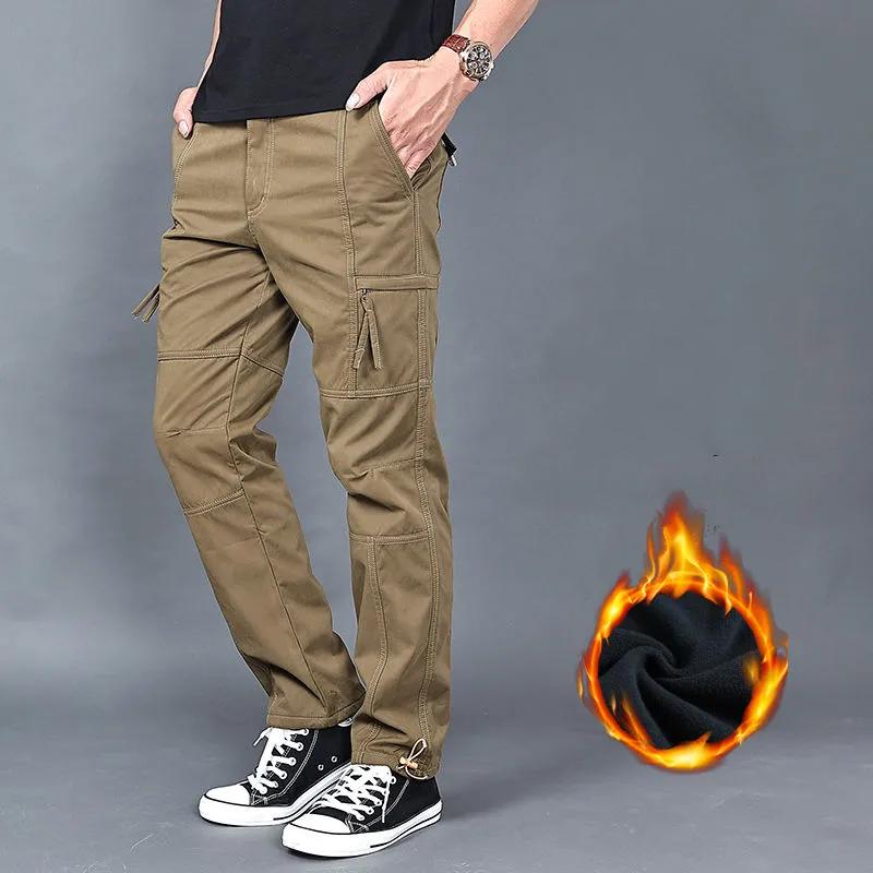 Men Winter Fleece Casual Thick Double Layer Warm Cargo Pants Youth Design Multi-pocket Thermal Trousers