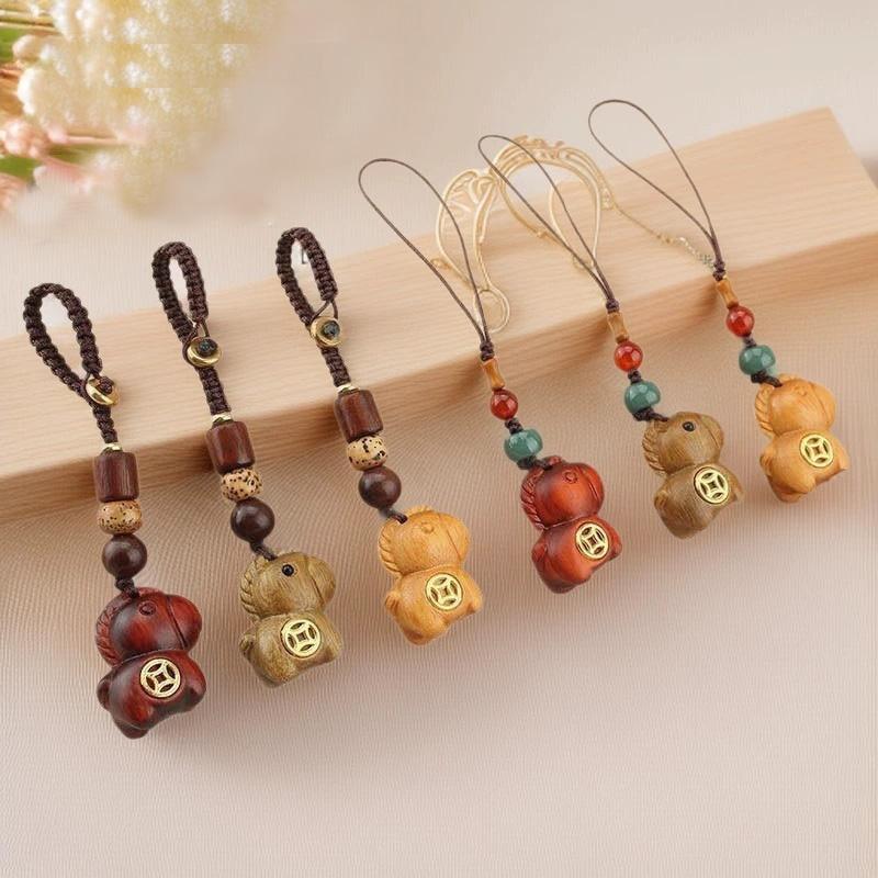 1Pc Car Keychain New Chinese Style Braiding Rope Gift Phone Keychain Creativity Pony Pendant Wood Pendant Coin Decoration