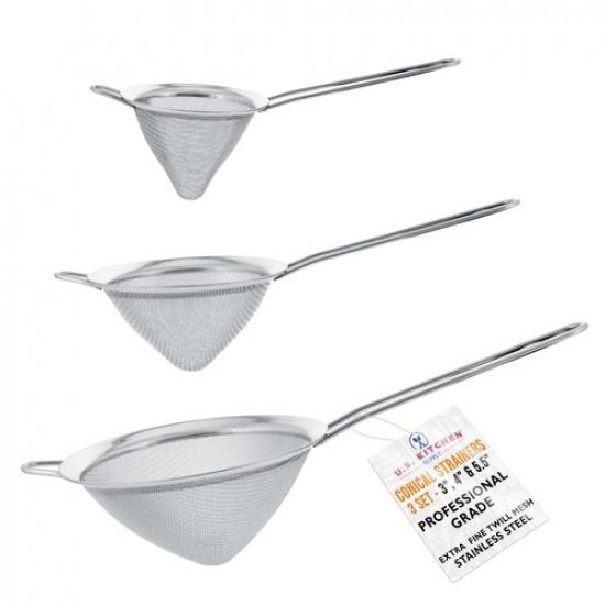 U.S. Kitchen Fine Twill Mesh Stainless Steel Conical Strainer Set 3 4 5 Chinois
