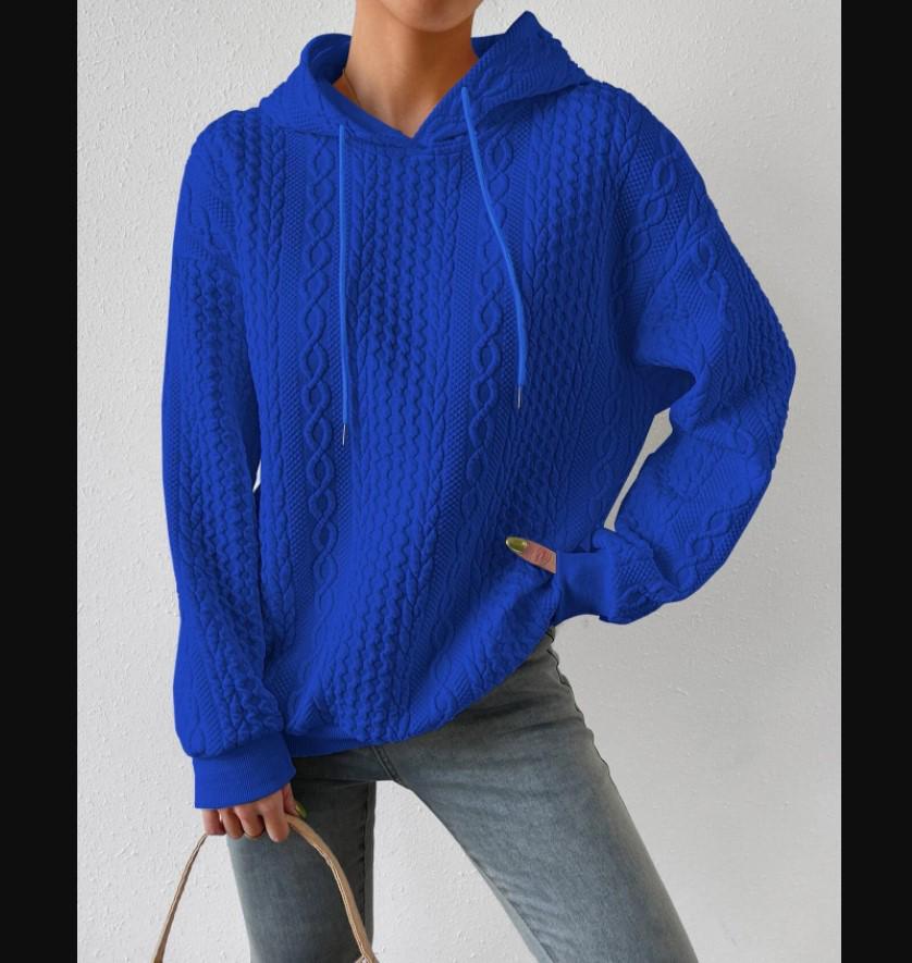 European & American Autumn Plus Size Women's Jacquard Long Sleeve Tie-Up Hooded Knit Sweatshirt, 2023