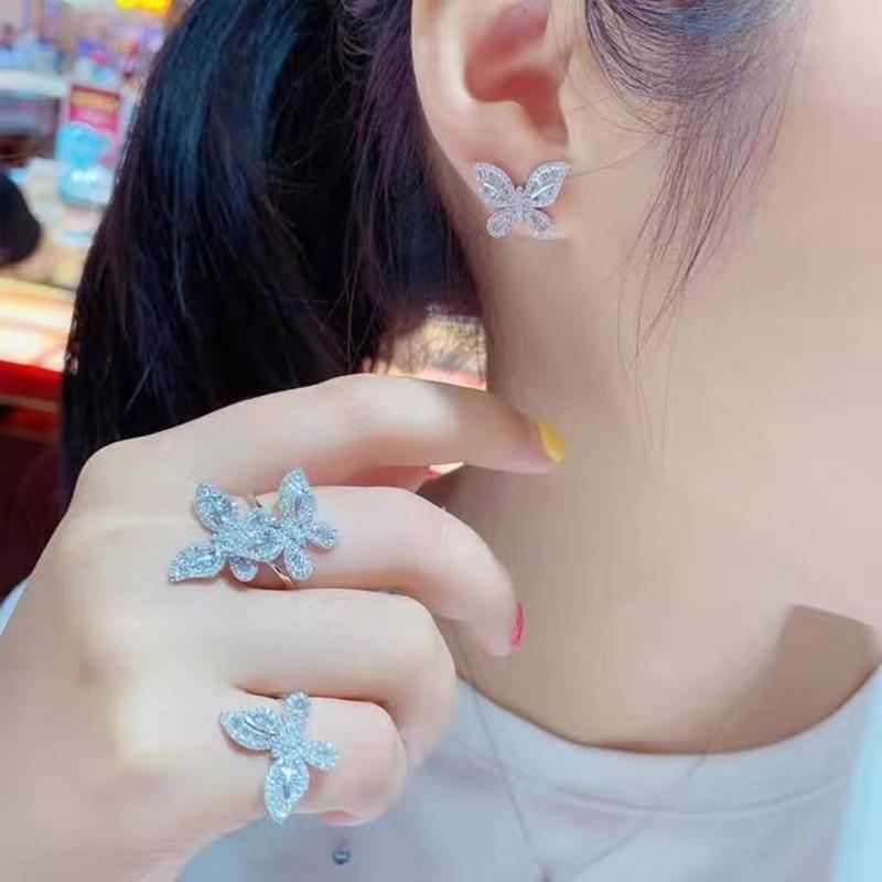 Butterfly Zircon Jewelry Set: Elegant Diamond Necklace, Versatile Butterfly Stud Earrings, Fashion Design Ring
