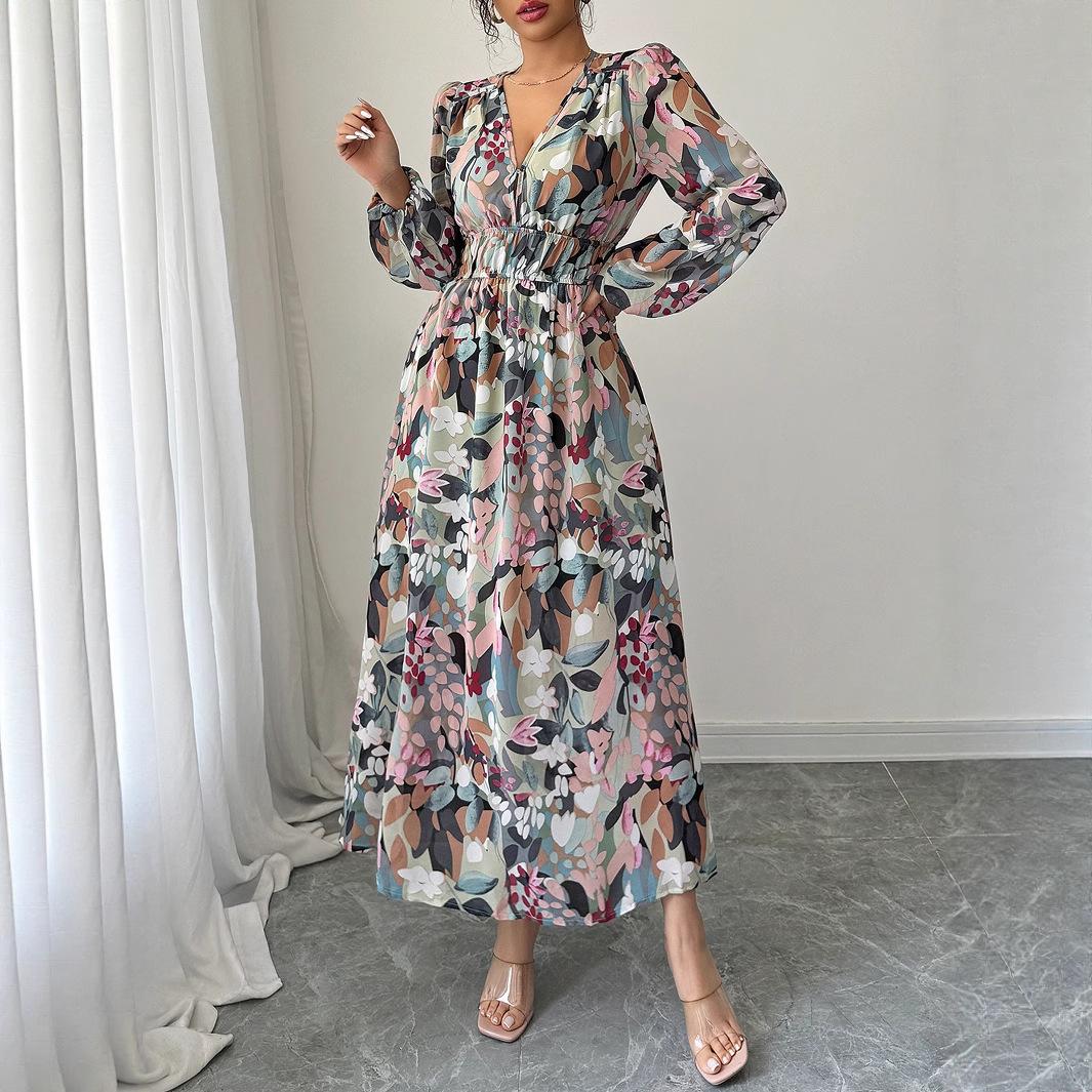 Cross-border European and American elegant printed V-neck waist dress for women, Spring/Summer ,  Independent Site S