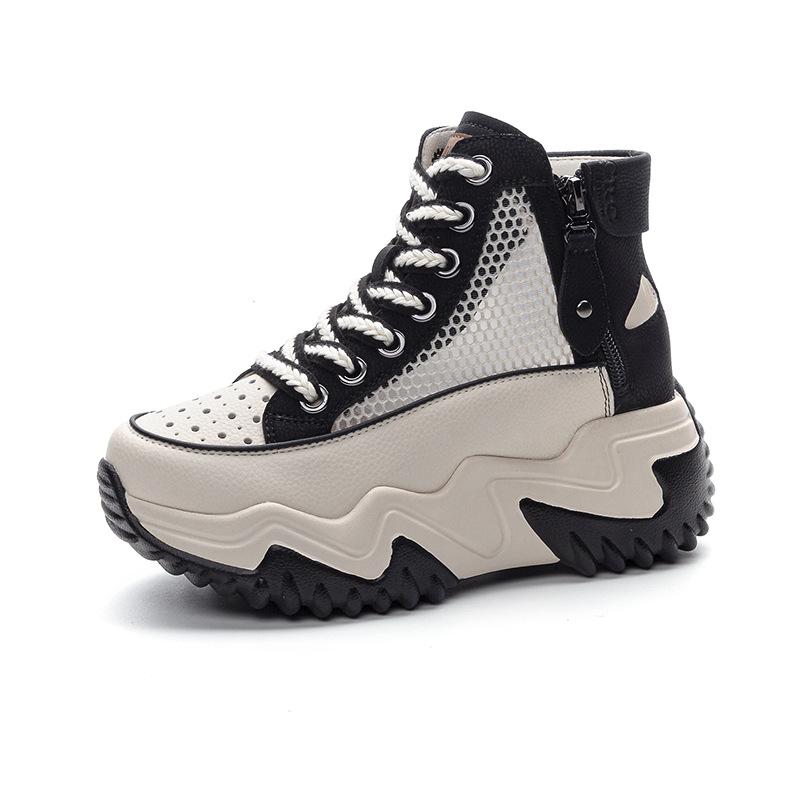 Mesh high-top dad shoes summer new leather thick-soled small hollow breathable casual shoes